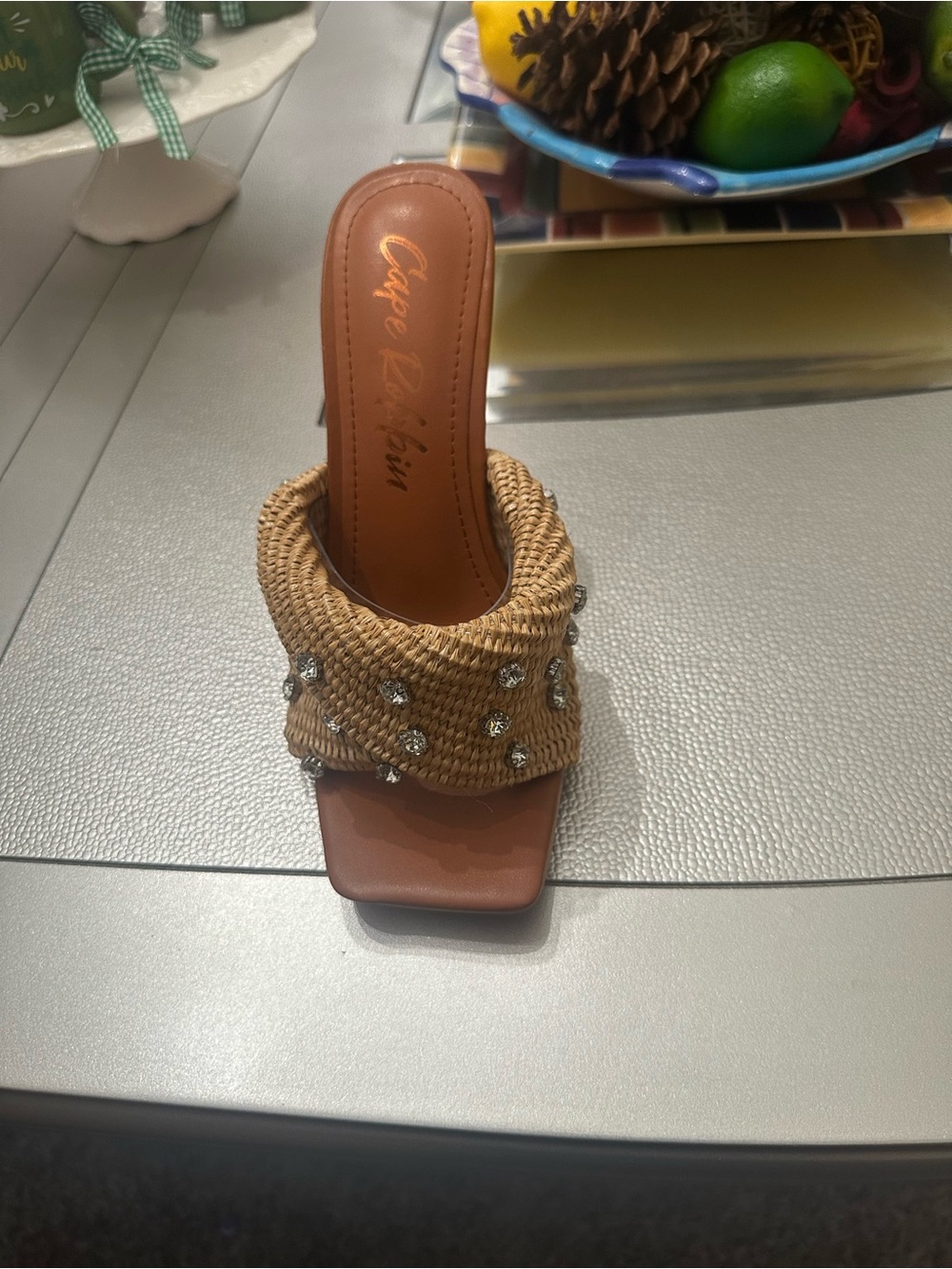 Cape Robbin Crystal-Embellished Woven Slide Mule in Tan